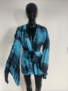 Tie-Dye Blue & Black V-Neck Romper with Waist Tie